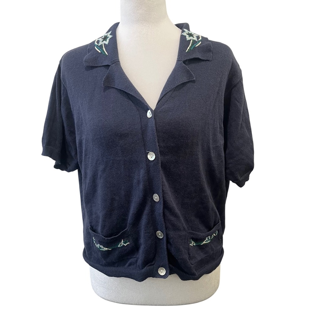 Vintage Bentley Knit Sweater Top Womens 14 Navy Blue Embroidered‎ Short Sleeve